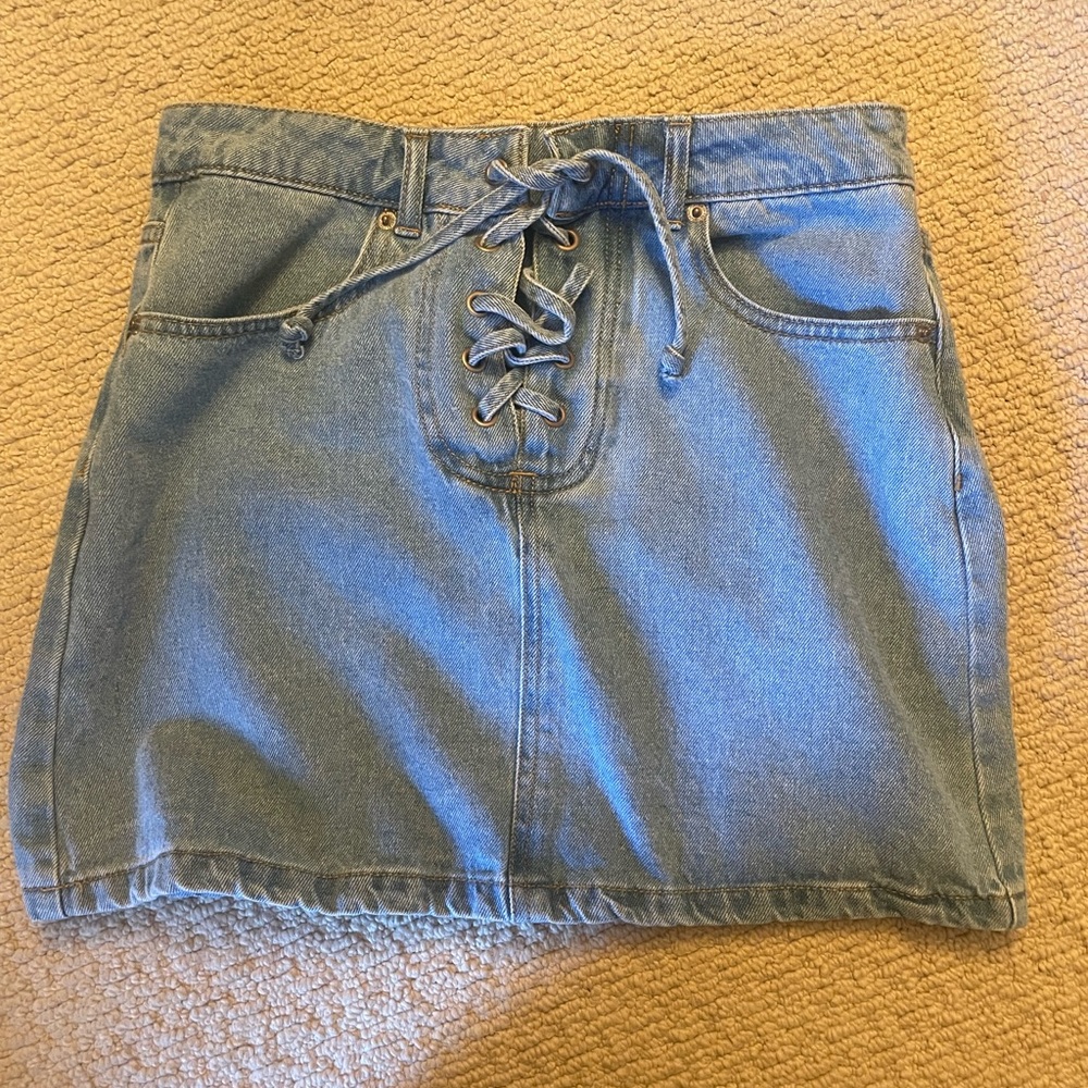 Light Wash Denim Lace up Mini Skirt